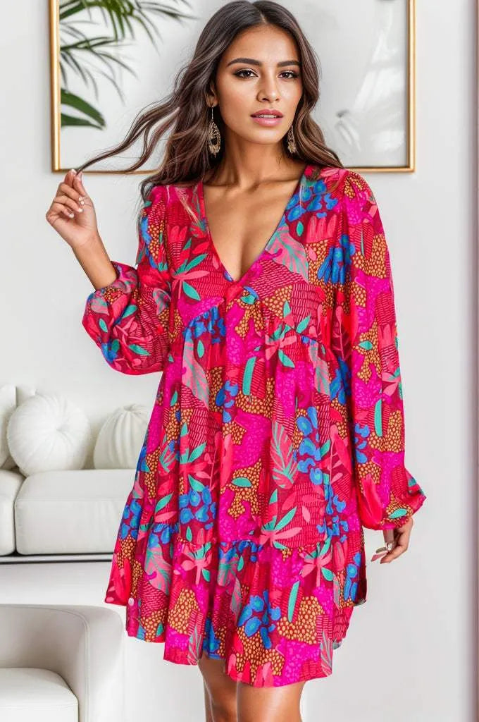 Printed Balloon Sleeve Mini Dress Deep Rose Casual Dresses - Tophatter Daily Deals